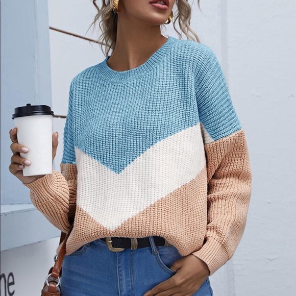 🆕 Chevron Print Color Block Sweater Charcoal - Picture 9 of 10